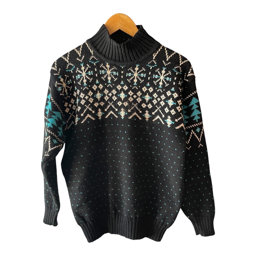 VTG Summit County Black Fair Isle Snowflake Wool Blend Mock Neck Sweater Small - Picture 2 of 4